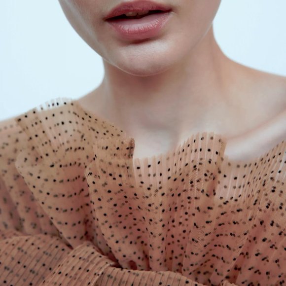 NWT Zara polka dot & pink / tan tulle crop top, M - Picture 3 of 9